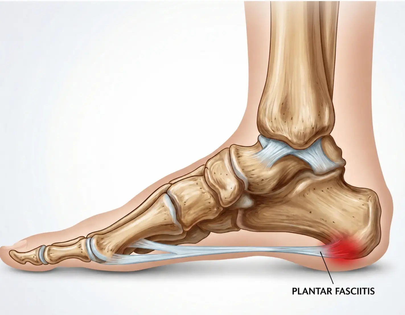 Diagram of plantar fasciitis showing the inflamed plantar fascia at the heel