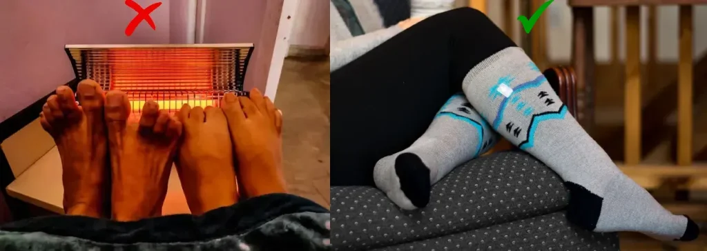 Do and don't graphic for chilblains prevention — avoid warming cold feet directly at a heater, instead rewarm gradually with warm wool socks
