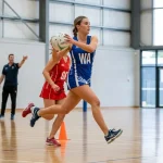 Netball player landing on one leg during a game — the abrupt single-leg landings required by netball's footwork rule are the main cause of netball ankle injuries