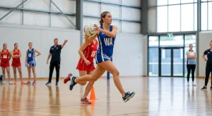 Netball player landing on one leg during a game — the abrupt single-leg landings required by netball's footwork rule are the main cause of netball ankle injuries