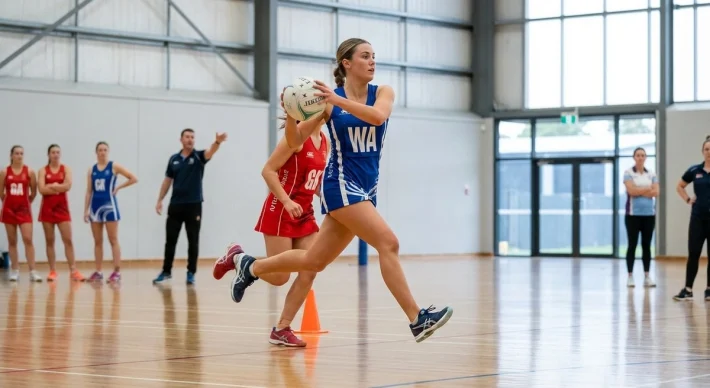 Netball player landing on one leg during a game — the abrupt single-leg landings required by netball's footwork rule are the main cause of netball ankle injuries