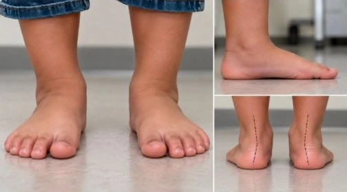 Child standing barefoot showing flexible flat feet, with the arch lowering on standing and reappearing on tiptoe